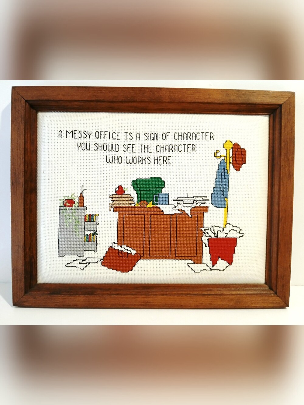 VintageFramed Cross-Stitch Home Office Wall Art - Brown Frame, Multicolor